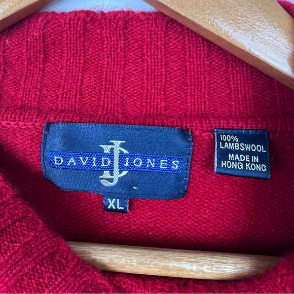 David Jones 100% Lambswool Knit Sweater Jumper Red Argyle Vintage Style L/XL - Picture 9 of 12